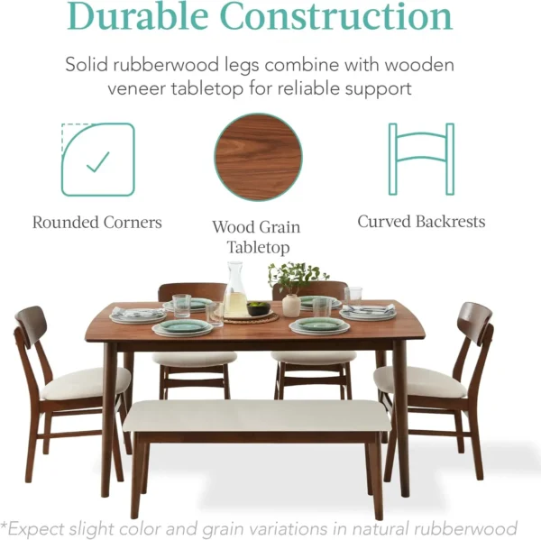 6 Piece Dining Set Mid Century Modern Wooden Table Upholstered Chair Set for Home Kitchen Dining Room with 4 Chairs Bench Seat - Image 4