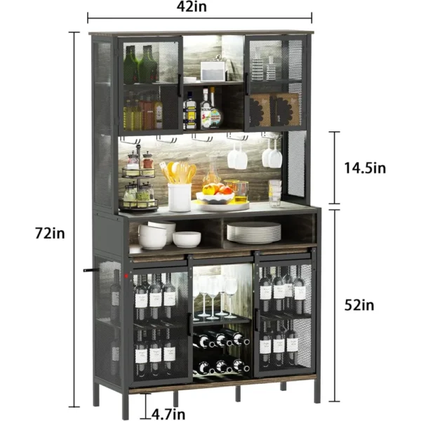 72" Wine Bar Cabinet with Sliding Barn Door, Farmhouse Buffet Cabinets with Wine Rack & Glass Holder, Led Storage Cabinet - Image 3