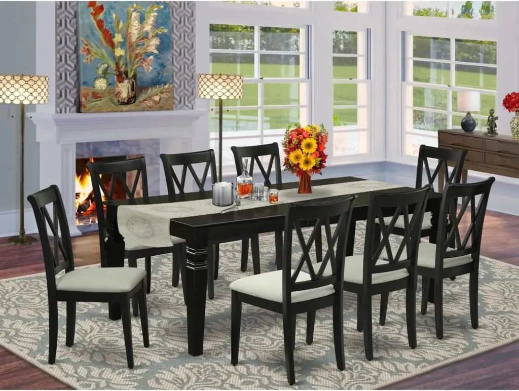 9 Piece Dining Room Table Set Includes Rectangle Kitchen Table with Butterfly Leaf and 8 Linen Fabric Upholstered Dining Chairs