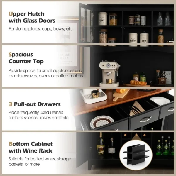 44"D X 17"W X 72.5"H Wine Cabinet with Storage, Glass Doors, Drawers, Wine Rack, Adjustable Shelves, Farmhouse Bar Cabinet - Image 4