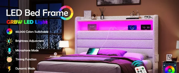 Luxurious Queen Bed Frame: Wingback Headboard, LED Lights, Charging Station, Upholstered Platform, Easy Assembly - Image 7