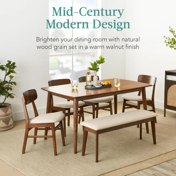 6 Piece Dining Set Mid Century Modern Wooden Table Upholstered Chair Set for Home Kitchen Dining Room with 4 Chairs Bench Seat - Image 2
