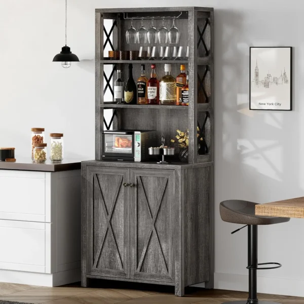 67" Wine Bar Cabinet for Liquor and Glasses, Kitchen Cabinets Coffee Bar with Adjustable Shelves, Open Storage Shelves - Image 7
