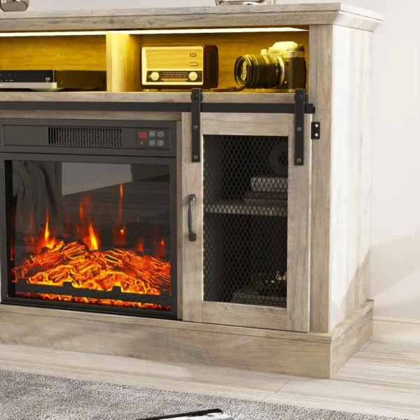 Fireplace TV Stand for TVs Up to 65 Inches, Farmhouse Entertainment Center with 23" Fireplace & LED Lights, Fireplace TV Stands - Image 2