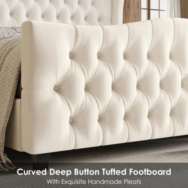 Luxurious Velvet Upholstered Bed Frame with Deep Button Tufted Wingback Headboard and Footboard - Image 4