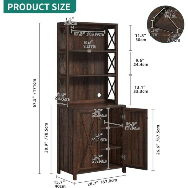 67" Wine Bar Cabinet for Liquor and Glasses, Kitchen Cabinets Coffee Bar with Adjustable Shelves, Open Storage Shelves - Image 2