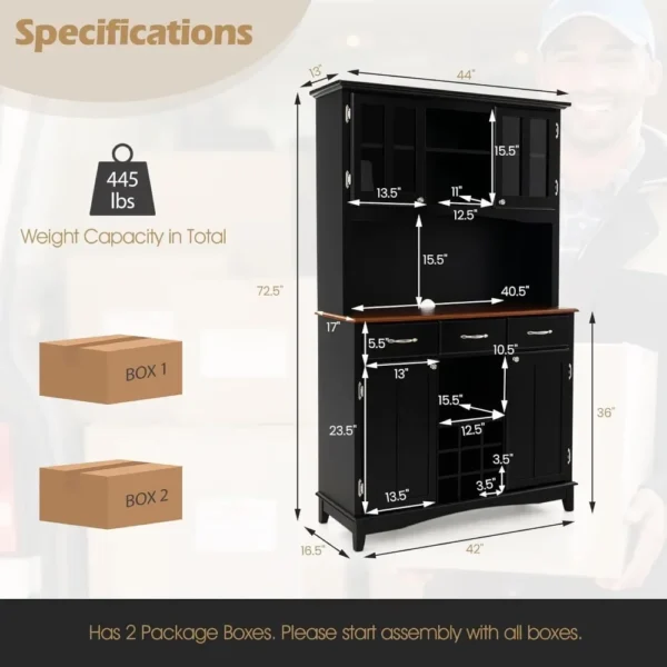 44"D X 17"W X 72.5"H Wine Cabinet with Storage, Glass Doors, Drawers, Wine Rack, Adjustable Shelves, Farmhouse Bar Cabinet - Image 2