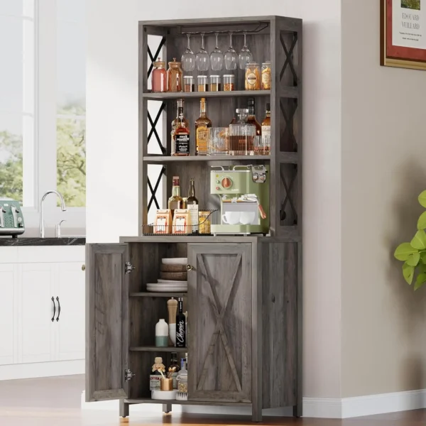 67" Wine Bar Cabinet for Liquor and Glasses, Kitchen Cabinets Coffee Bar with Adjustable Shelves, Open Storage Shelves - Image 10
