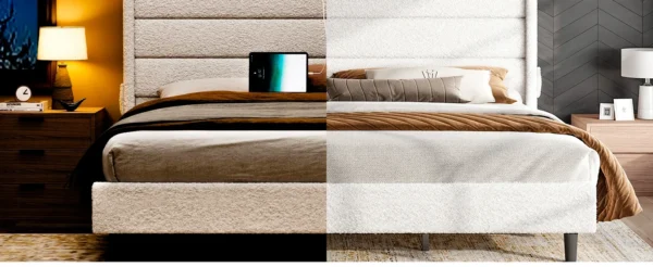Luxurious Queen Bed Frame: Wingback Headboard, LED Lights, Charging Station, Upholstered Platform, Easy Assembly - Image 9