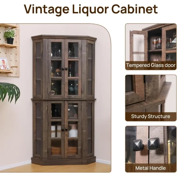 67" Wine Cabinet with Glass Doors, Storage, 6-Tiers Corner Tall Farmhouse Bar Cabinet - Image 3