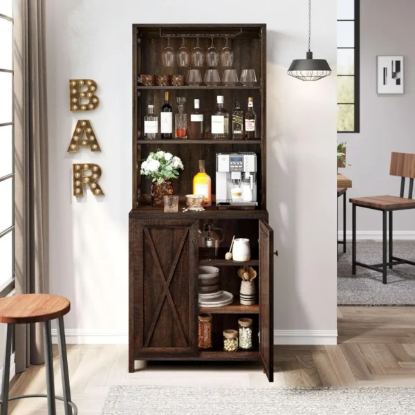 67" Wine Bar Cabinet for Liquor and Glasses, Kitchen Cabinets Coffee Bar with Adjustable Shelves, Open Storage Shelves - Image 3