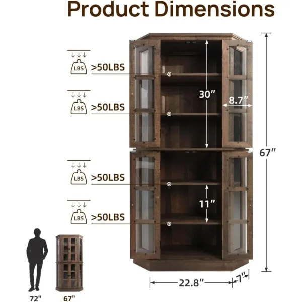67" Wine Cabinet with Glass Doors, Storage, 6-Tiers Corner Tall Farmhouse Bar Cabinet - Image 2