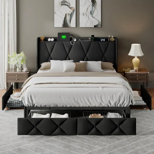 Upholstered Wingback Bed Frame with 4 Storage Drawers for Enhanced Bedroom Organization - Image 6