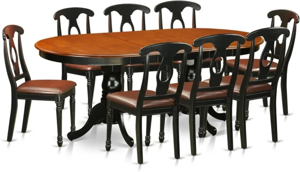 9 Pc Dining Room Set Dining Table with 8 Wooden Dining Chairs Oval Top in Cherry Color and Sleek Black Hardwood Pedestal Legs - Image 2