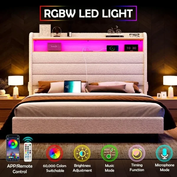 Luxurious Queen Bed Frame: Wingback Headboard, LED Lights, Charging Station, Upholstered Platform, Easy Assembly - Image 5