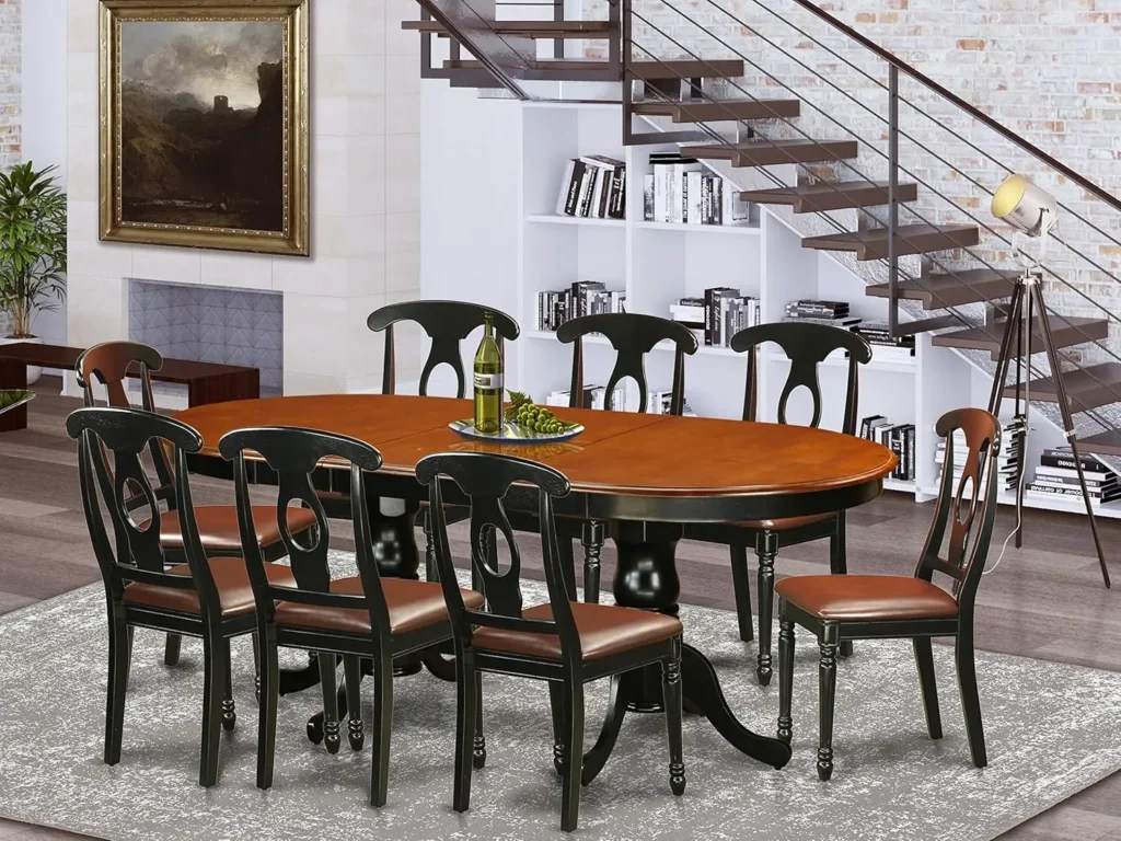 9 Pc Dining Room Set Dining Table with 8 Wooden Dining Chairs Oval Top in Cherry Color and Sleek Black Hardwood Pedestal Legs