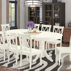 9 Piece Dining Table Set Includes an Oval Dining Room Table with Butterfly Leaf and 8 Wood Seat Chairs 40x76 Inch Linen White