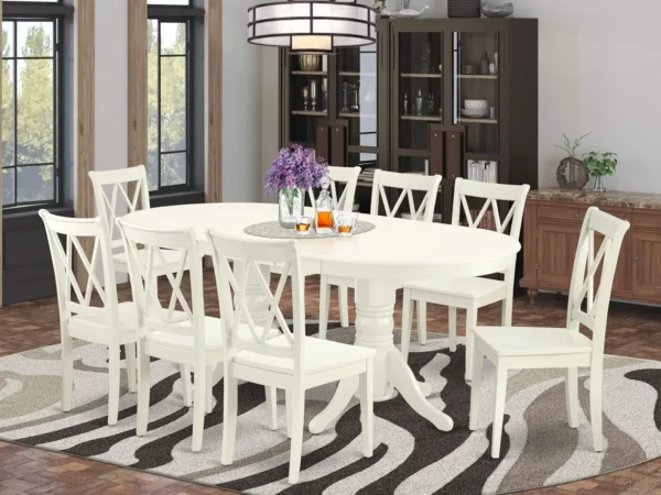 9 Piece Dining Table Set Includes an Oval Dining Room Table with Butterfly Leaf and 8 Wood Seat Chairs 40x76 Inch Linen White