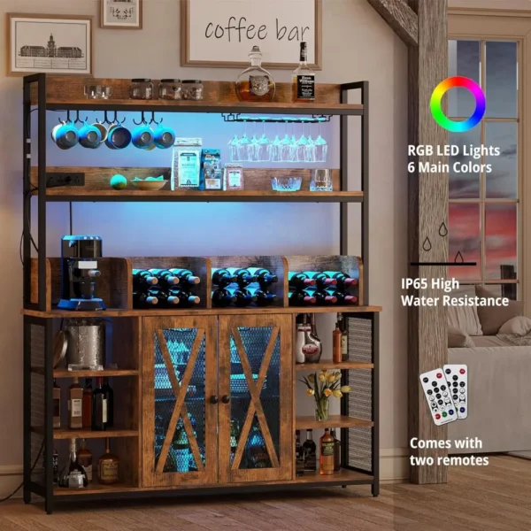 Bar Cabinet with Power Outlet, Industrial Buffet Cabinets with LED Strip and Glass Holder, 3-Tiers Liquor Cabinet Bar - Image 4
