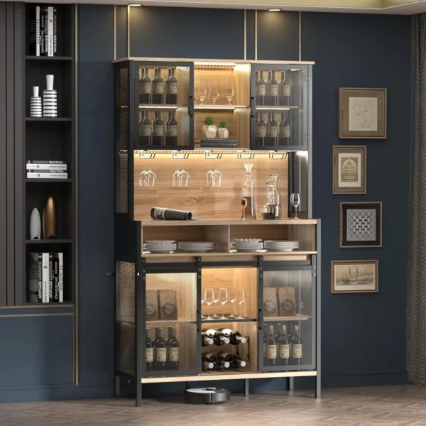 72" Wine Bar Cabinet with Sliding Barn Door, Farmhouse Buffet Cabinets with Wine Rack & Glass Holder, Led Storage Cabinet - Image 9