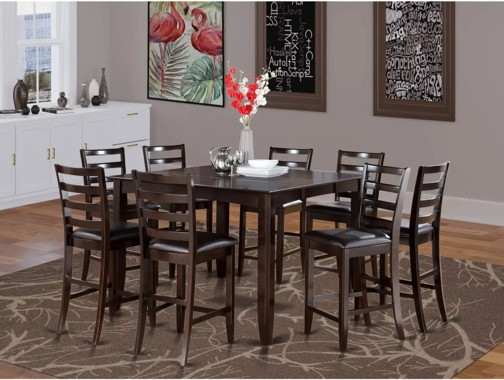 9 Piece Counter Height Set Includes a Square Kitchen Table with Pedestal and 8 Faux Leather Dining Room Chairs 54x54 Inch