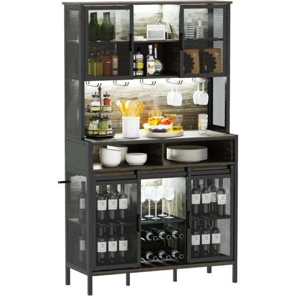 72" Wine Bar Cabinet with Sliding Barn Door, Farmhouse Buffet Cabinets with Wine Rack & Glass Holder, Led Storage Cabinet - Image 4