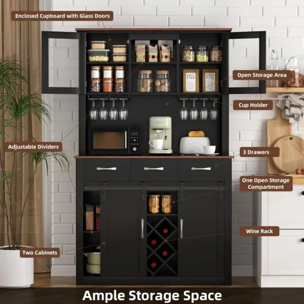 72" Bar Cabinet with Sliding Barn Doors, Kitchen Pantry Storage Cabinet with Wine&Glass Racks, Hutch Buffet Cabinet with Drawers - Image 4