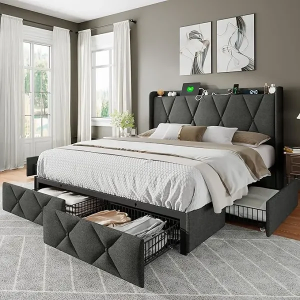Upholstered Wingback Bed Frame with 4 Storage Drawers for Enhanced Bedroom Organization - Image 7