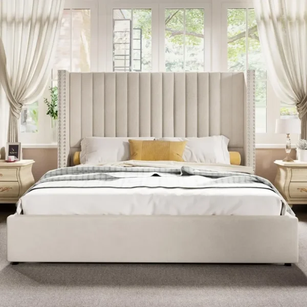 Bed Frame King Size, Lift Up Storage, Upholstered Platform Velvet with Channel Tufted Wingback Headboard, Bed Bases - Image 7