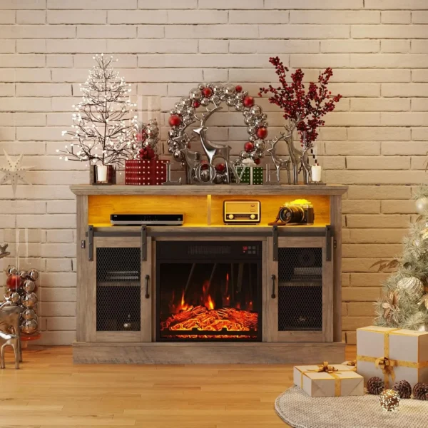 Fireplace TV Stand for TVs Up to 65 Inches, Farmhouse Entertainment Center with 23" Fireplace & LED Lights, Fireplace TV Stands - Image 7