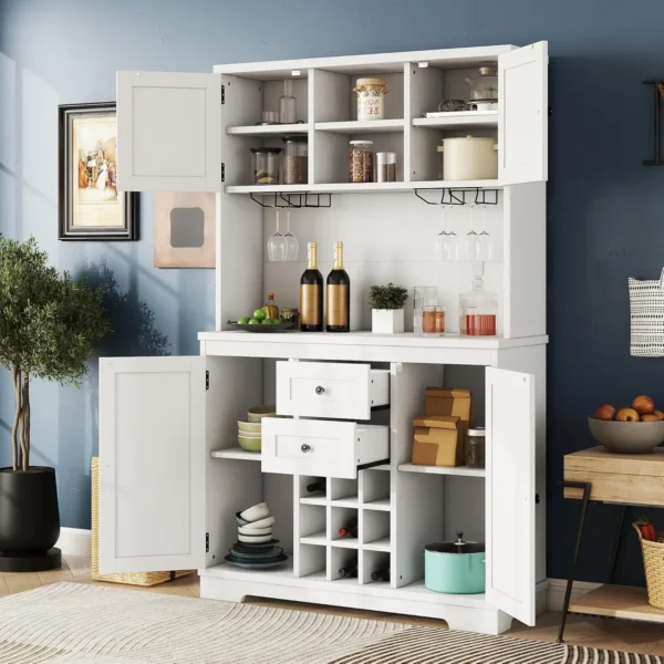 72" Bar Cabinet, Large Kitchen Buffet with Hutch W/Wine & Glasses Rack, Drawers Shelves and Cabinets, Buffet Cabinet Wine - Image 9