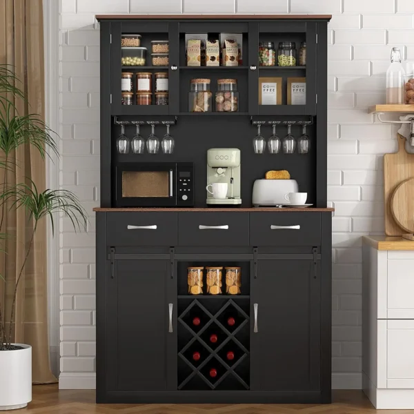 72" Bar Cabinet with Sliding Barn Doors, Kitchen Pantry Storage Cabinet with Wine&Glass Racks, Hutch Buffet Cabinet with Drawers - Image 7