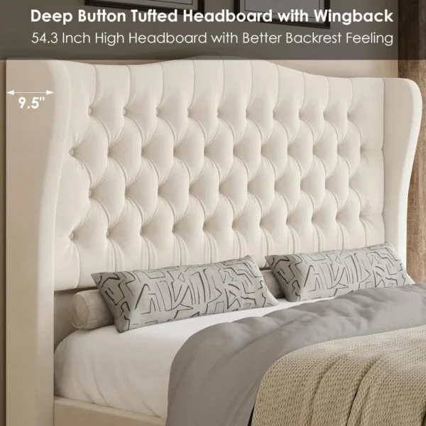 Luxurious Velvet Upholstered Bed Frame with Deep Button Tufted Wingback Headboard and Footboard - Image 3