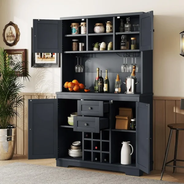 72" Bar Cabinet, Large Kitchen Buffet with Hutch W/Wine & Glasses Rack, Drawers Shelves and Cabinets, Buffet Cabinet Wine - Image 8