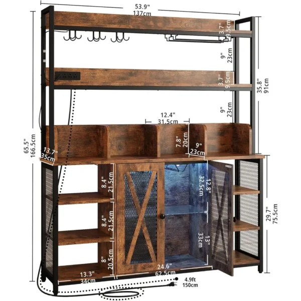 Bar Cabinet with Power Outlet, Industrial Buffet Cabinets with LED Strip and Glass Holder, 3-Tiers Liquor Cabinet Bar - Image 2