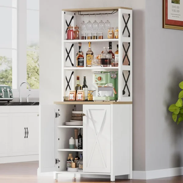 67" Wine Bar Cabinet for Liquor and Glasses, Kitchen Cabinets Coffee Bar with Adjustable Shelves, Open Storage Shelves - Image 9
