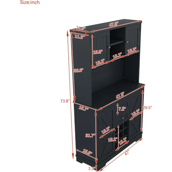 72" Bar Cabinet, Large Kitchen Buffet with Hutch W/Wine & Glasses Rack, Drawers Shelves and Cabinets, Buffet Cabinet Wine - Image 2