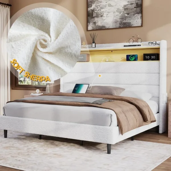 Luxurious Queen Bed Frame: Wingback Headboard, LED Lights, Charging Station, Upholstered Platform, Easy Assembly - Image 4
