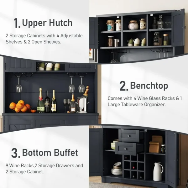 72" Bar Cabinet, Large Kitchen Buffet with Hutch W/Wine & Glasses Rack, Drawers Shelves and Cabinets, Buffet Cabinet Wine - Image 6