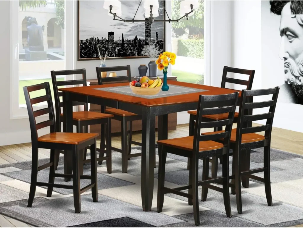 7 Piece Kitchen Counter Height Set Consist of a Square Pub Table with Pedestal and 6 Dining Room Chairs 54x54 Inch