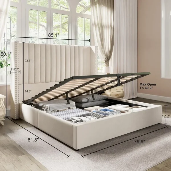 Bed Frame King Size, Lift Up Storage, Upholstered Platform Velvet with Channel Tufted Wingback Headboard, Bed Bases - Image 9