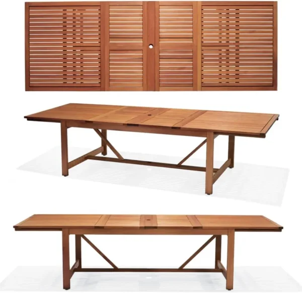 9 Piece Patio Rectangular Extendable Dining Table Set Eucalyptus Wood Ideal for Outdoors and Indoors - Image 3