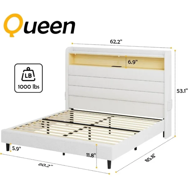 Luxurious Queen Bed Frame: Wingback Headboard, LED Lights, Charging Station, Upholstered Platform, Easy Assembly - Image 2