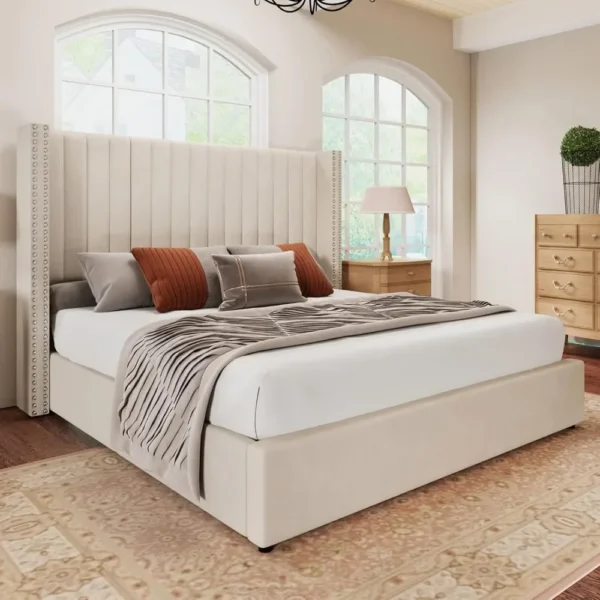 Bed Frame King Size, Lift Up Storage, Upholstered Platform Velvet with Channel Tufted Wingback Headboard, Bed Bases - Image 5
