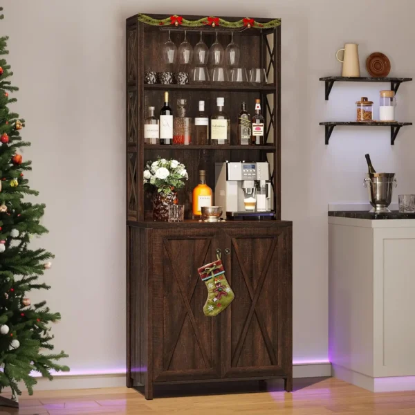 67" Wine Bar Cabinet for Liquor and Glasses, Kitchen Cabinets Coffee Bar with Adjustable Shelves, Open Storage Shelves - Image 8