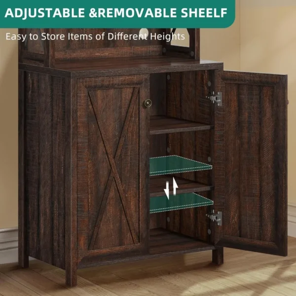 67" Wine Bar Cabinet for Liquor and Glasses, Kitchen Cabinets Coffee Bar with Adjustable Shelves, Open Storage Shelves - Image 4