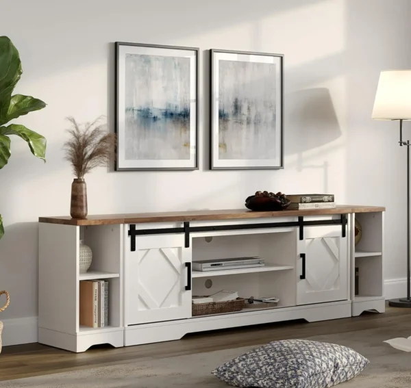 Modern Farmhouse 3 in 1 TV Stand for up to 85" TVs Wood Entertainment Center with Open Storage for Living Room Antique - Image 8