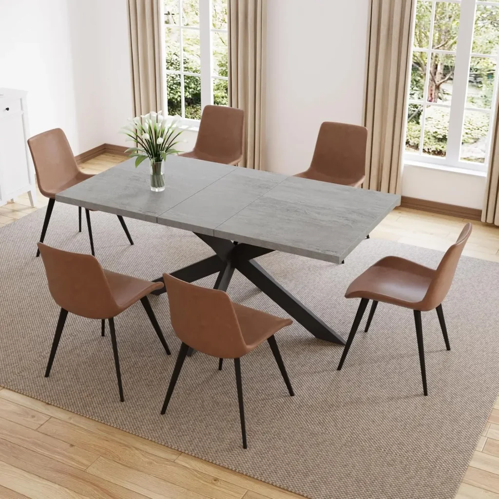 7 Piece Dining Table Set for 6 Modern Rectangular Wooden Dining Table and Leather Dining Chairs for 6 Persons Kitchen Table