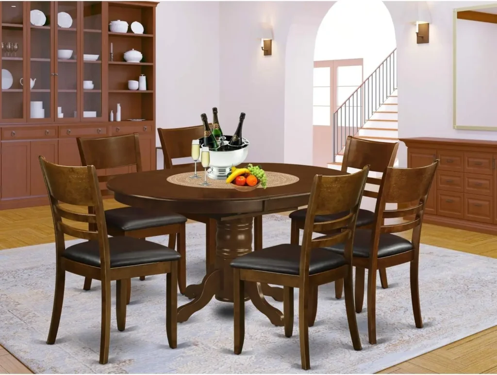 7 Piece Kitchen Table Chairs Set Consist of an Oval Dining Table with Butterfly Leaf and 6 Faux Leather Dining Room Chairs