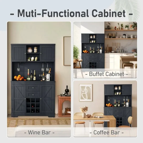 72" Bar Cabinet, Large Kitchen Buffet with Hutch W/Wine & Glasses Rack, Drawers Shelves and Cabinets, Buffet Cabinet Wine - Image 5
